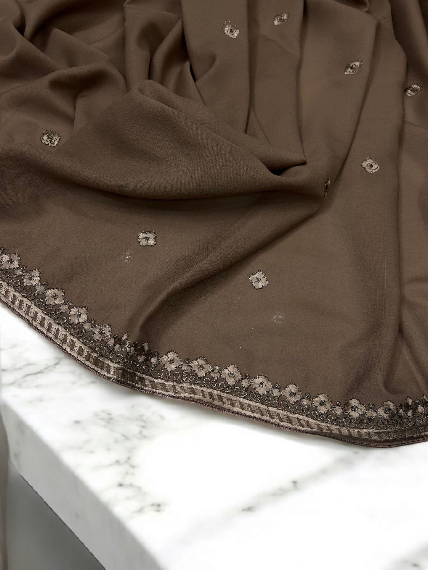 Wood Cream Floral Threadwork Embroidered Shaal