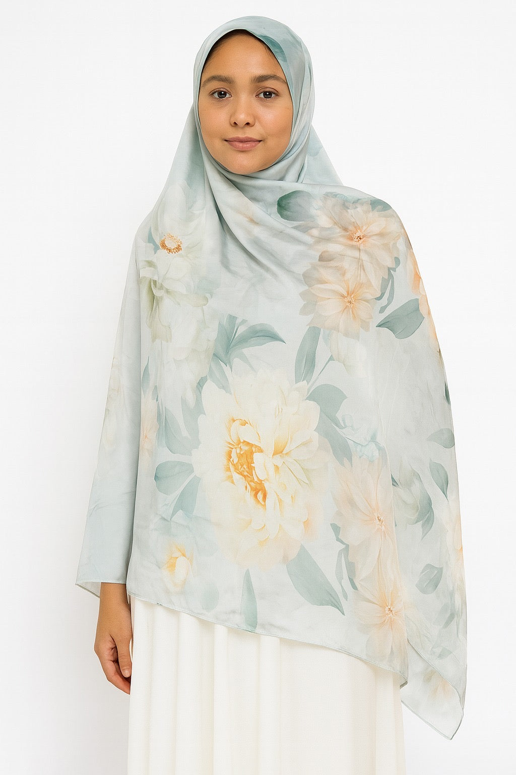 Large Satin Silk Scarf - Powder Blue Floral