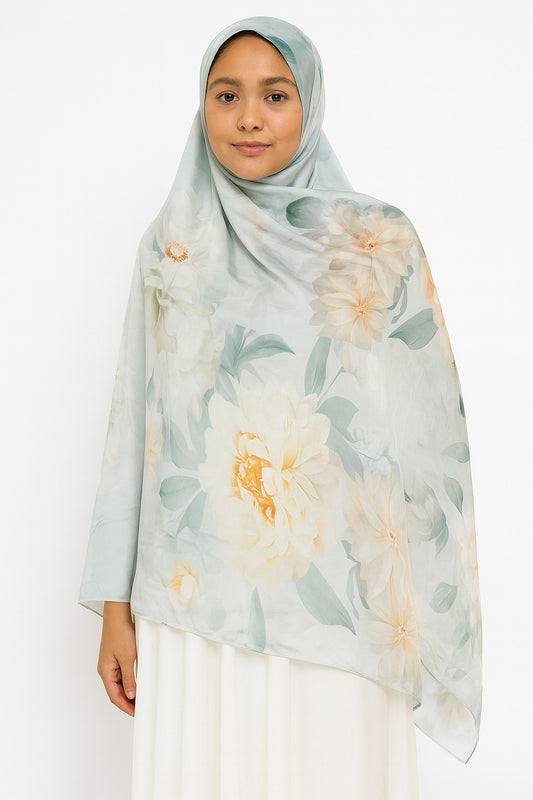 Large Satin Silk Scarf - Powder Blue Floral