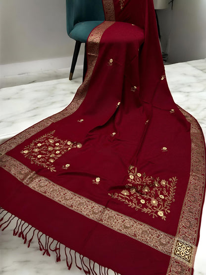 Red Gold Border Embroidered Peach Floral Shawl