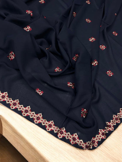 Navy Red Floral Diamond Embroidered Shaal
