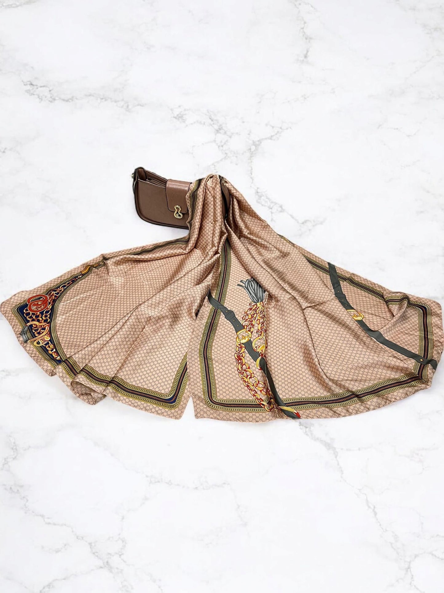 Large Satin Silk Scarf - Champagne Pink Chains