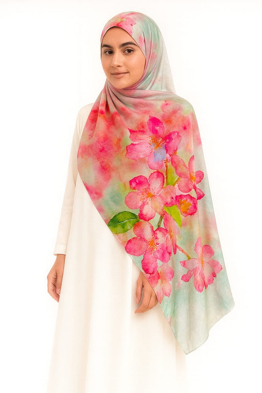 Large Satin Silk Scarf - Mint Green Pink Floral
