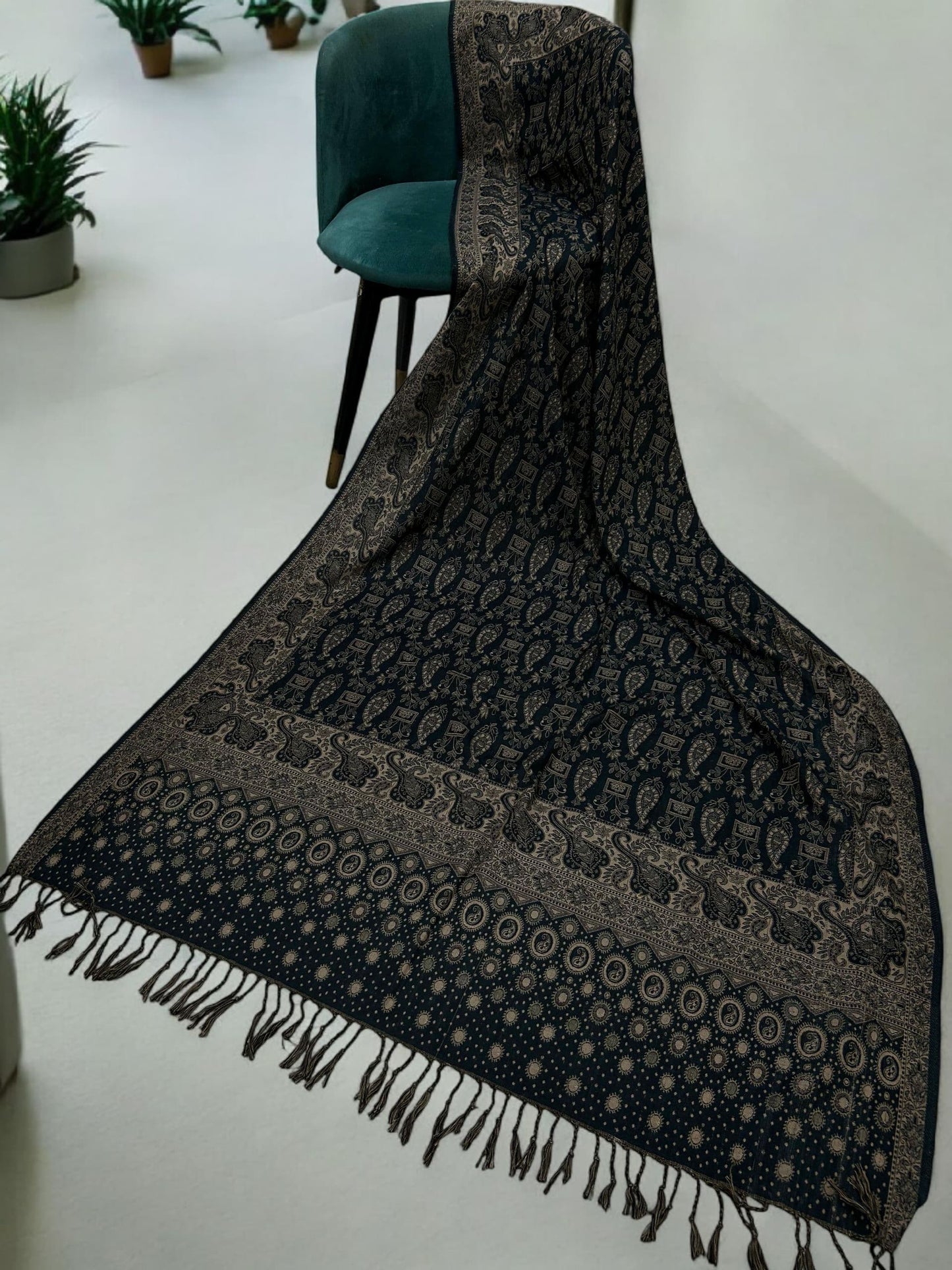 Dotted Paisley Pashmina Shawl - Navy Blue Beige