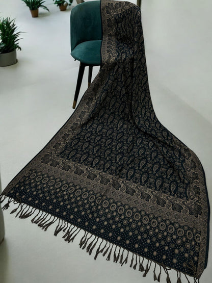 Dotted Paisley Pashmina Shawl - Navy Blue Beige