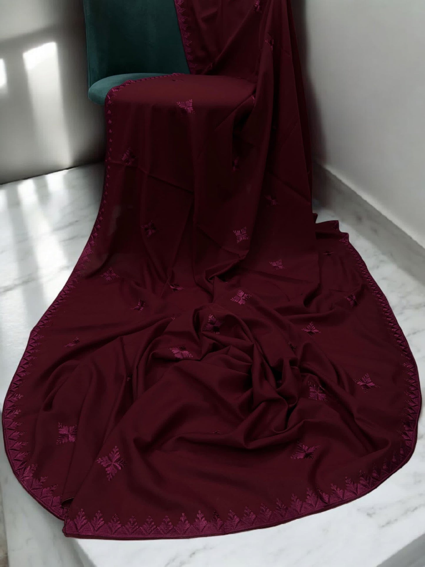 Maroon Pink Curved Floral Border Shaal