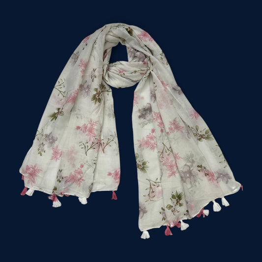White Pink Lilies Printed Modal Hijab