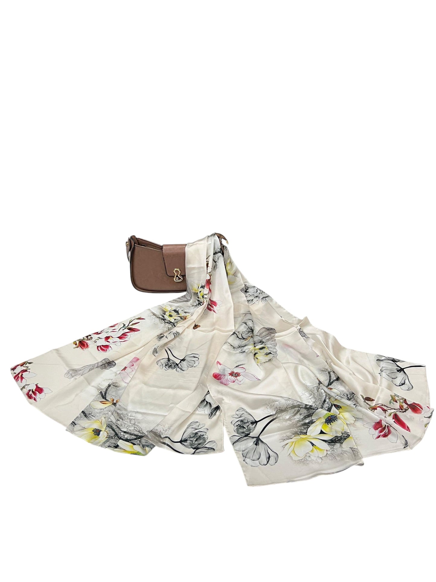 Large Satin Silk Scarf - White Floral Freesia