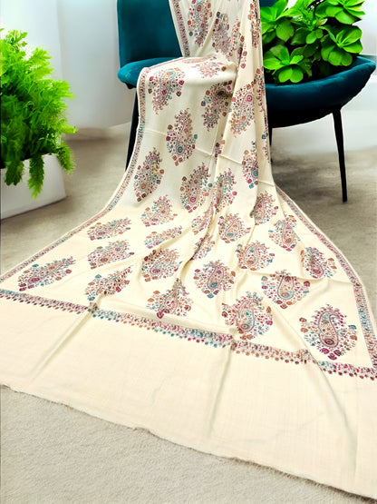 Cream Teal Pink Multi - Hand Embroidered Paisley Kashmiri Shawl