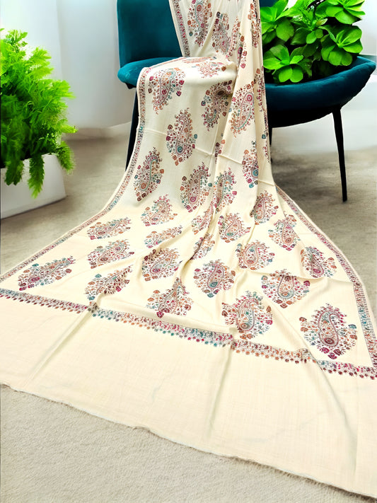 Cream Teal Pink Multi - Hand Embroidered Paisley Kashmiri Shawl