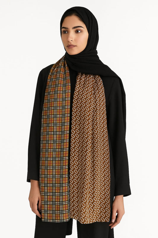 Printed Viscose Wool Hijab - Gingerbread Geometric