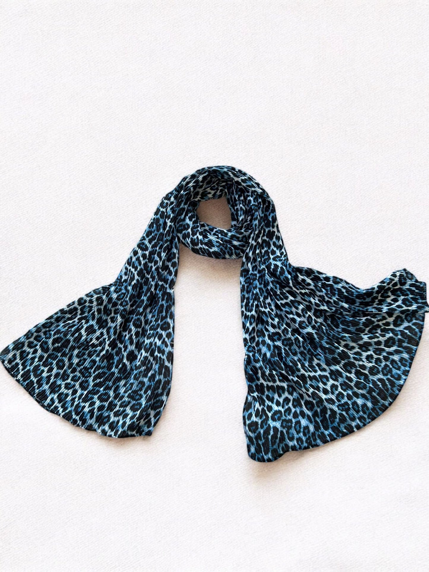 Aruba Blue Black Cheetah Printed Pleated Modal Hijab