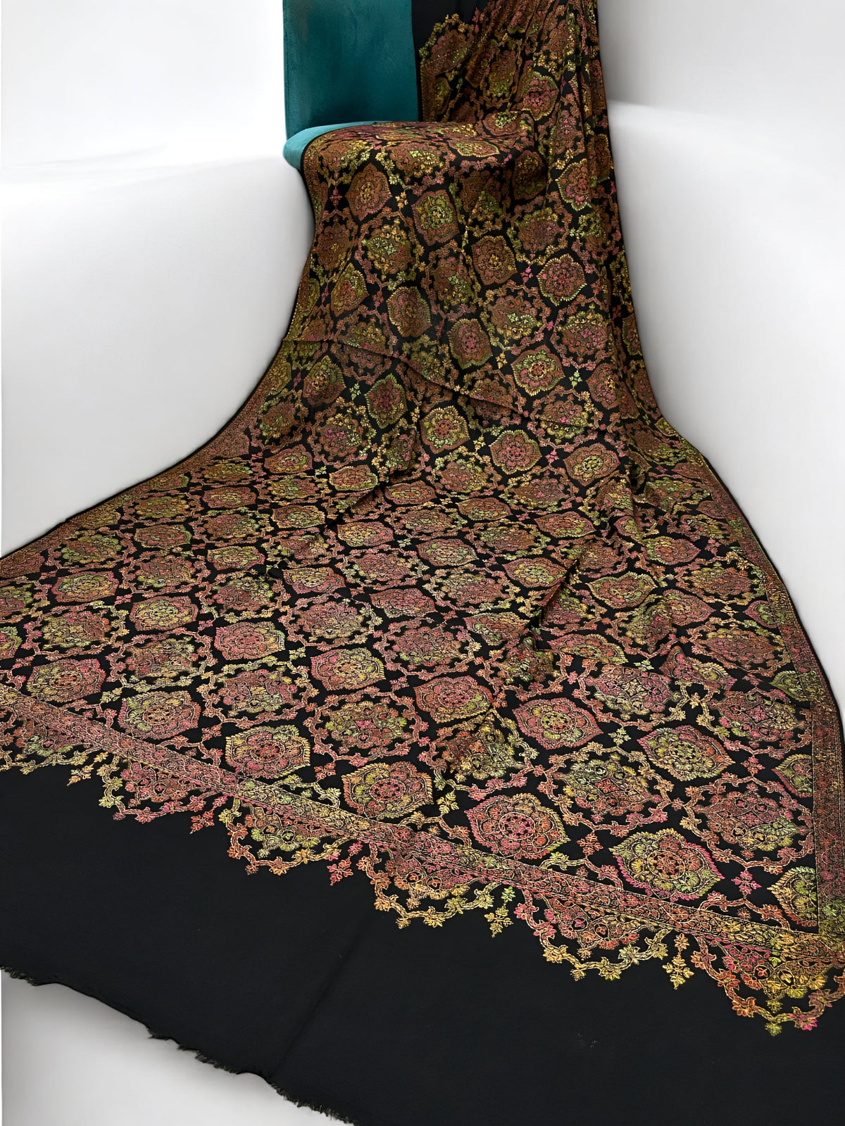 Black Multi - Damask Hand-Embroidered Kashmiri Shawl