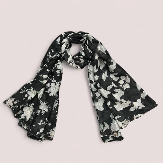 Black Cream White Floral Printed Lawn Hijab
