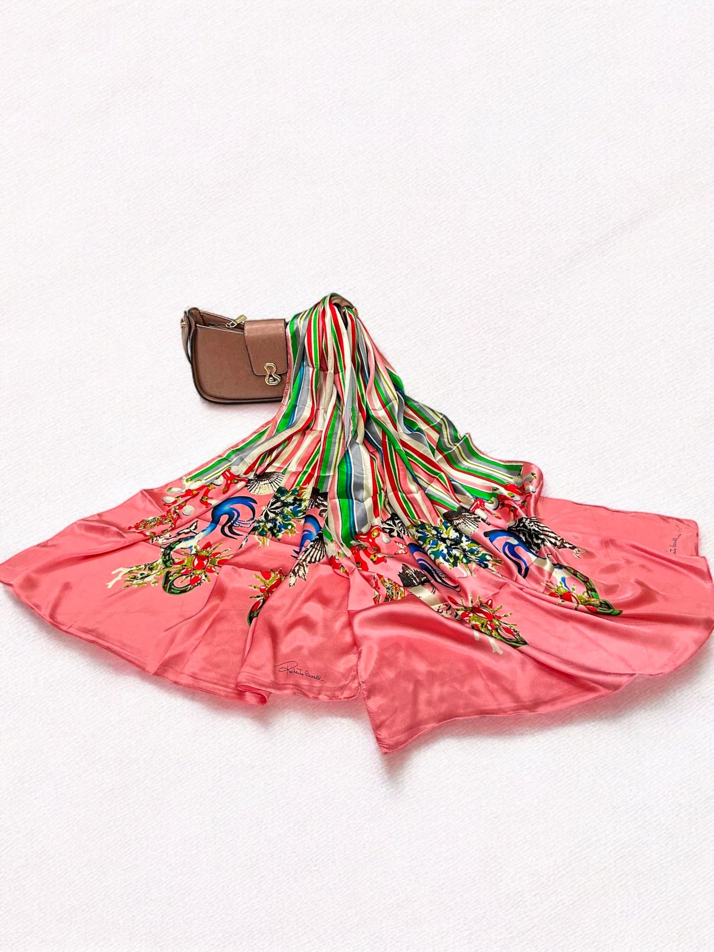 Satin Silk Scarf - Coral Lines Roberto Cavalli