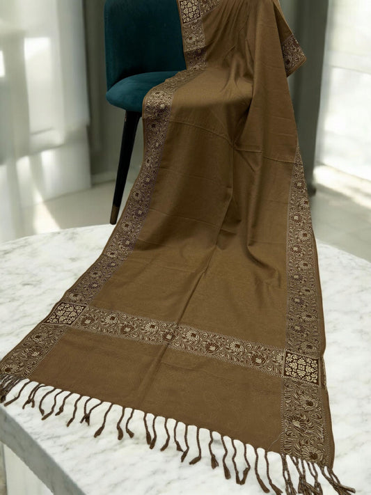 Beige Brown Self Plain Paisleys Border Pashmina Hijab