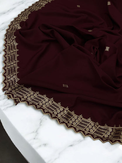 Maroon Cream Geometric Cutwork Border Shaal