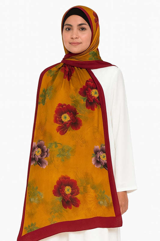 Large Satin Silk Scarf - Fall Rust Floral