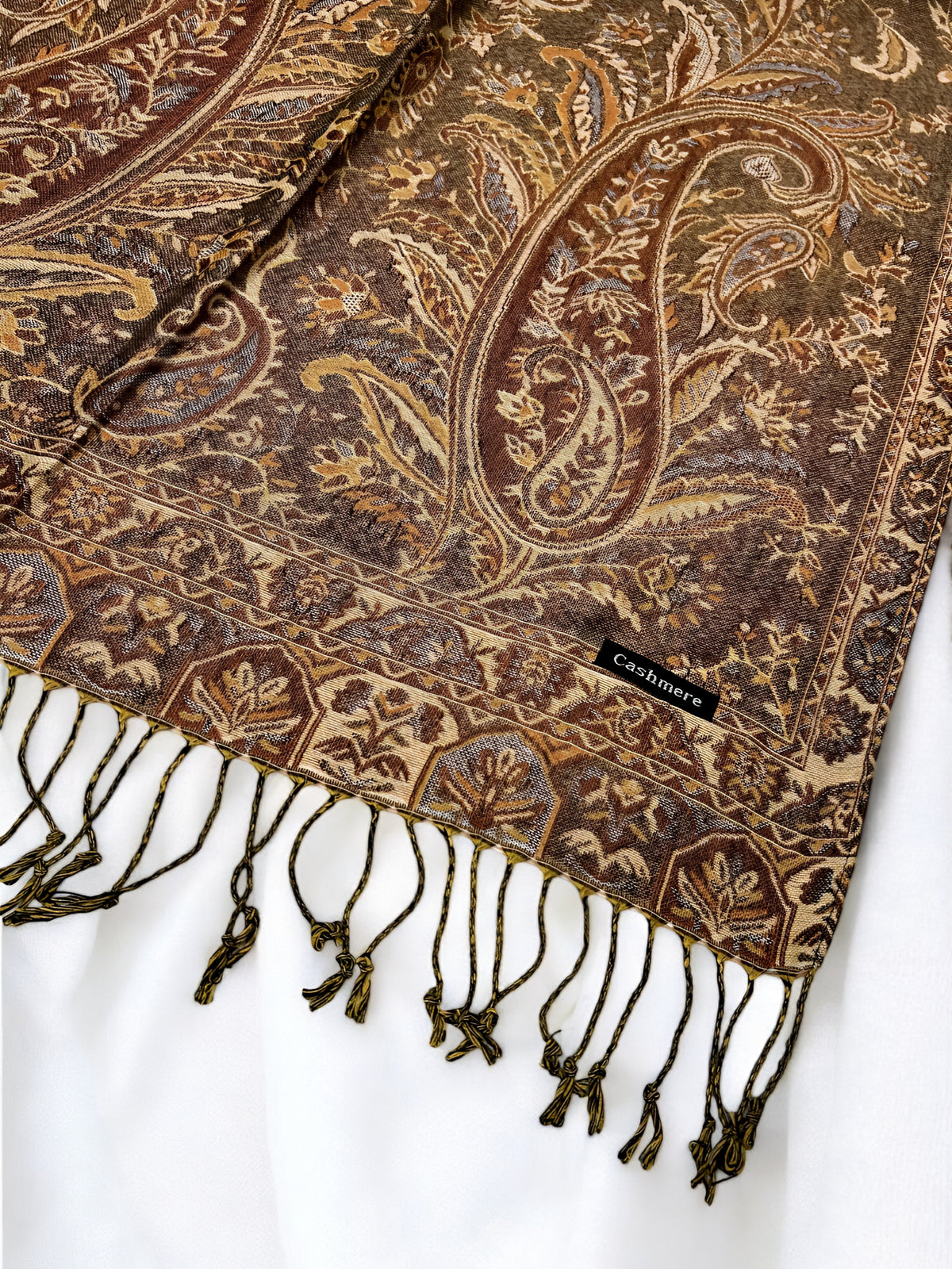 Avocado Green Brown Persian Garden Paisley Two-Tone Pashmina Hijab
