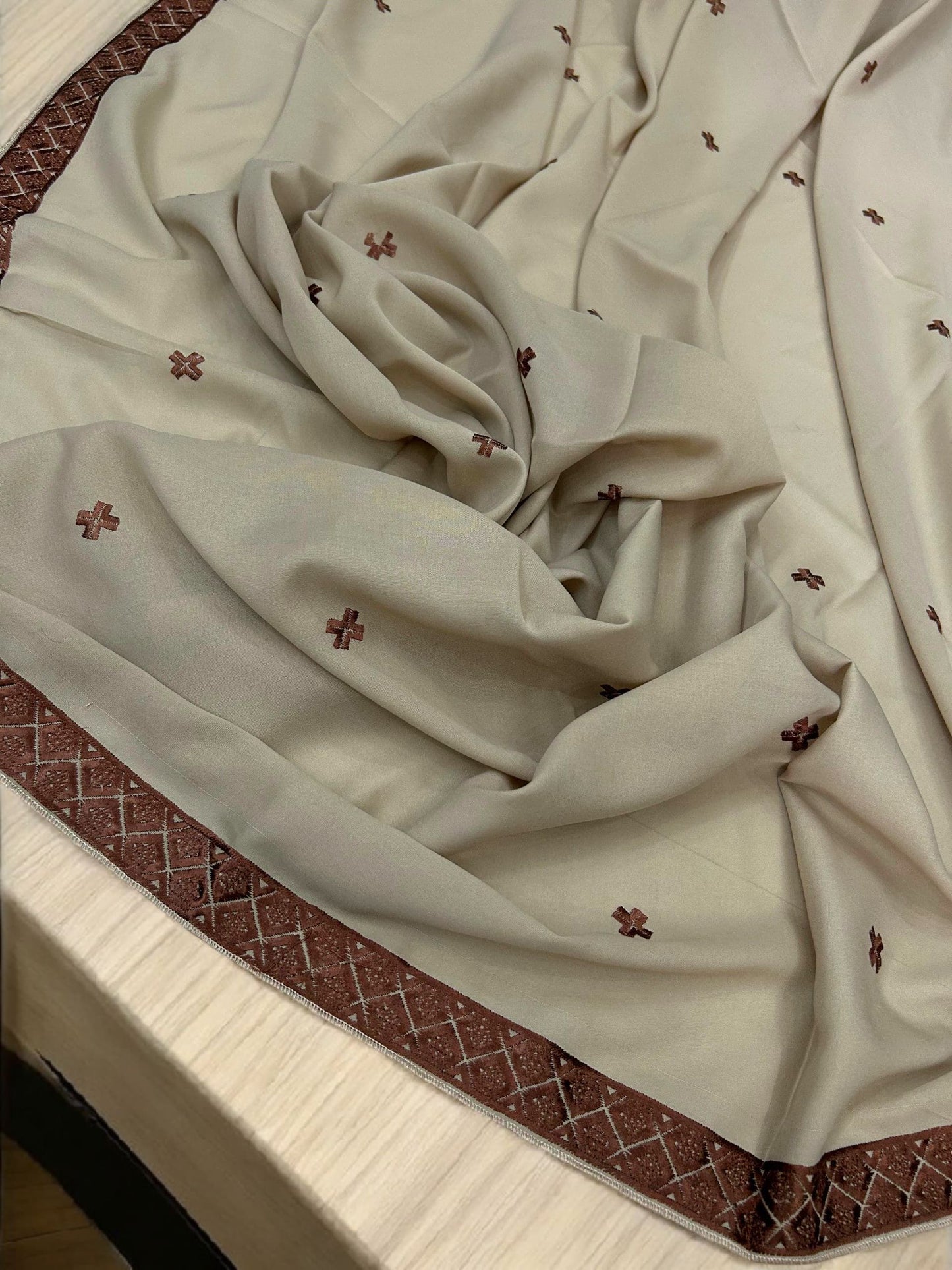 Khaki Maroon Double Curved Border Embroidered Shaal