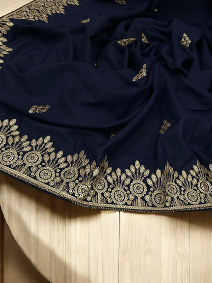 Navy Gold Floral Sequence Bridal Embroidered Shaal