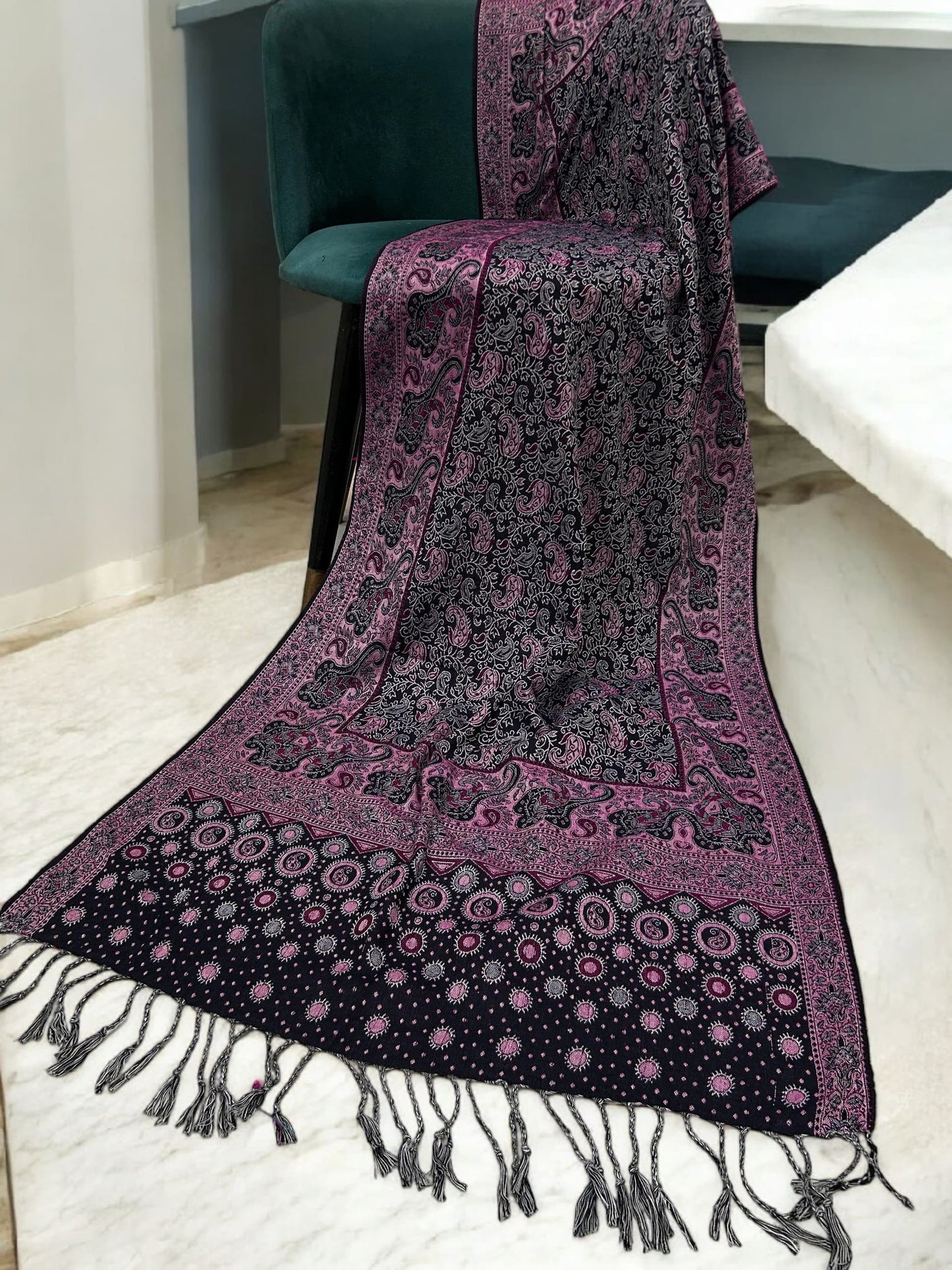 Black Candy Pink Silver Dotted Two-tone Paisley Pashmina Hijab