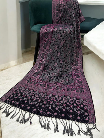Black Candy Pink Silver Dotted Two-tone Paisley Pashmina Hijab