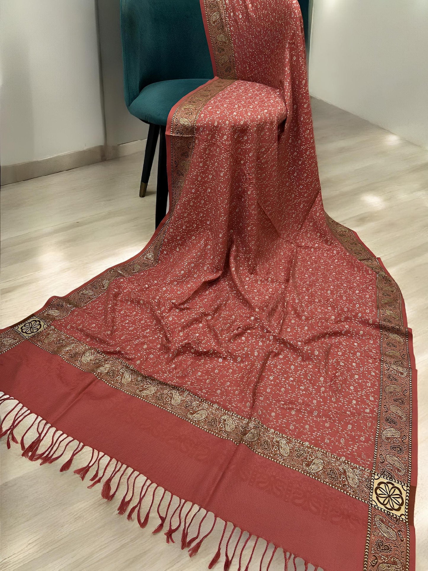 Coral Beige Threadwork Hand Embroidered Shawl