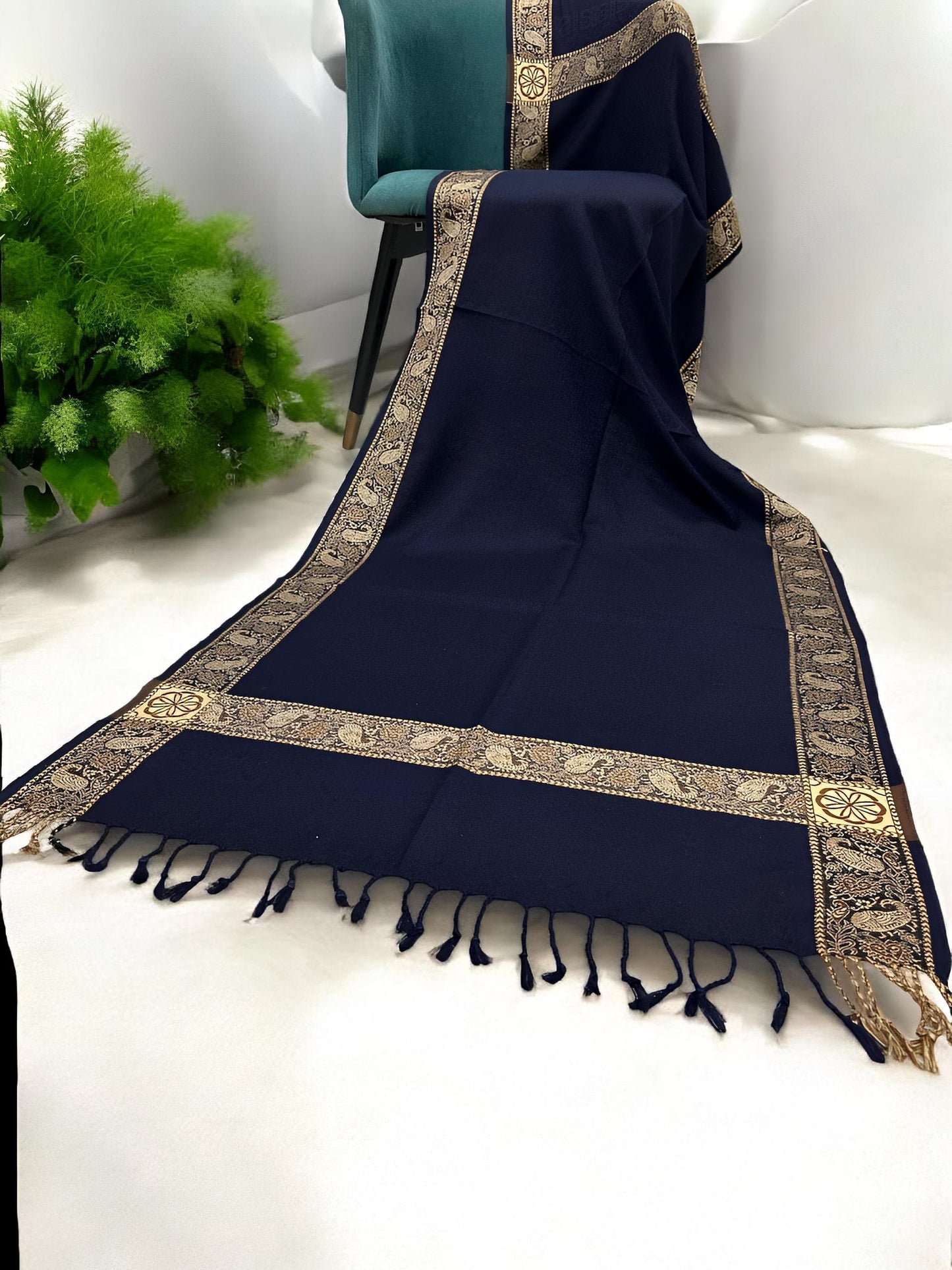 Navy Blue Beige Border Paisley Pashmina Hijab