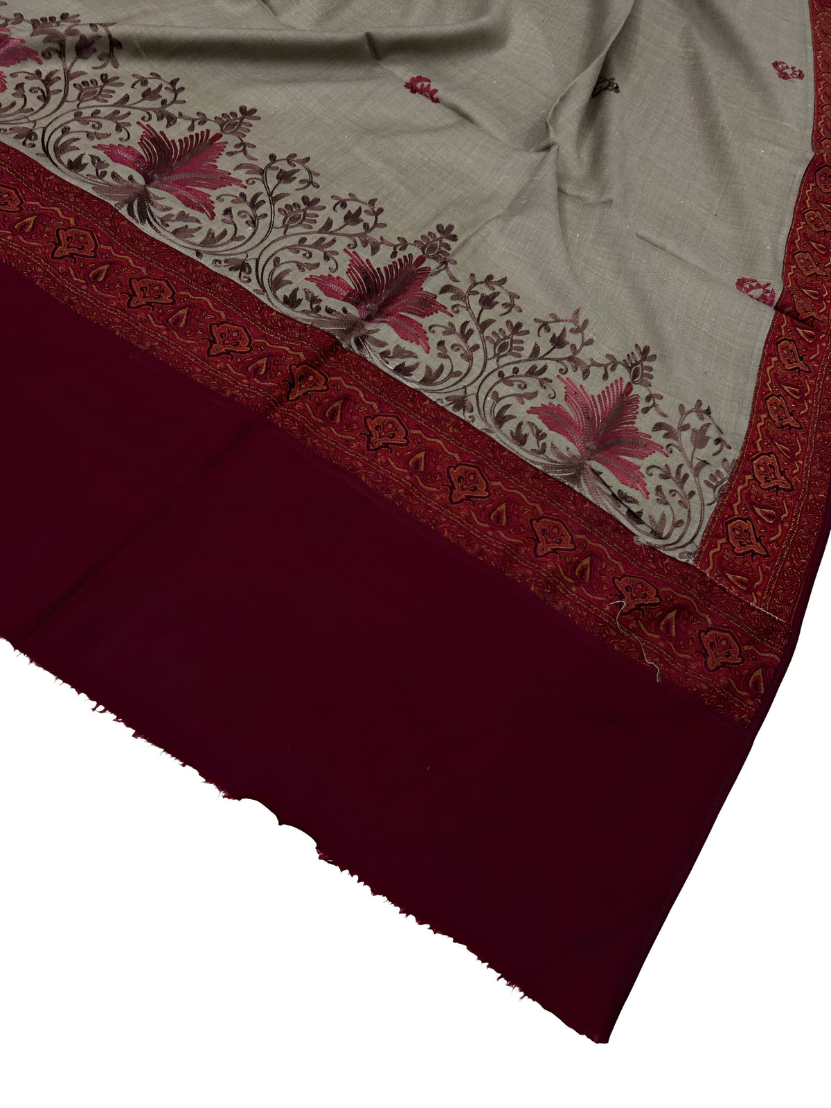 Gul-e-Kashmir – Khaki Maroon Embroidered Patchwork Shaw