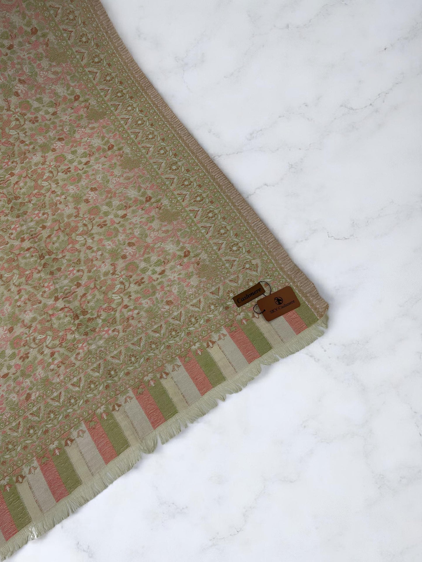 Ash White Green Pink Floral Kani Pashmina Hijab