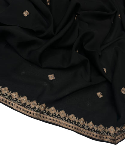 Black Beige Floral Threadwork Embroidered Shaal