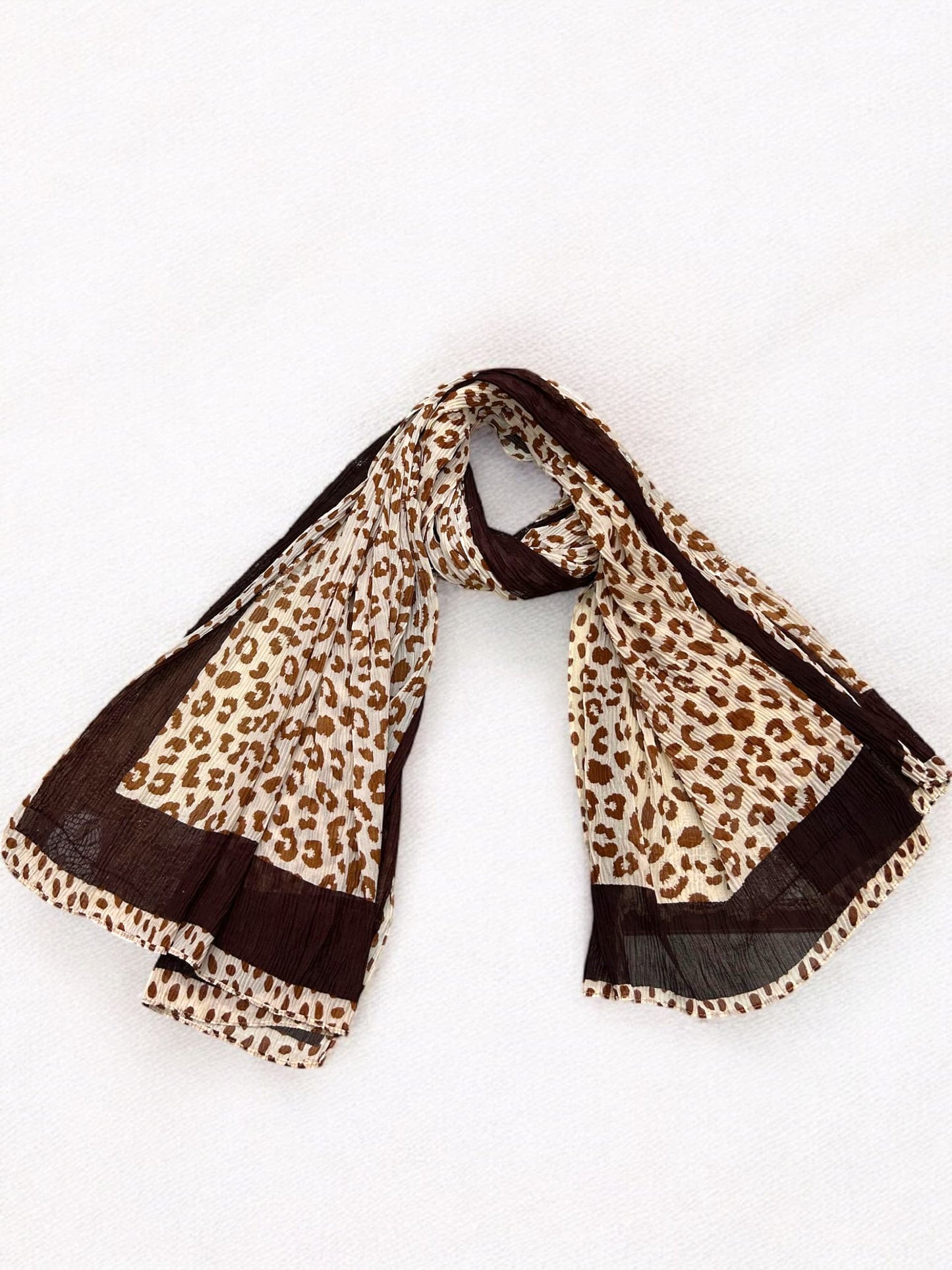 Wood Brown Cream Plain Border Leopard Printed Pleated Modal Hijab