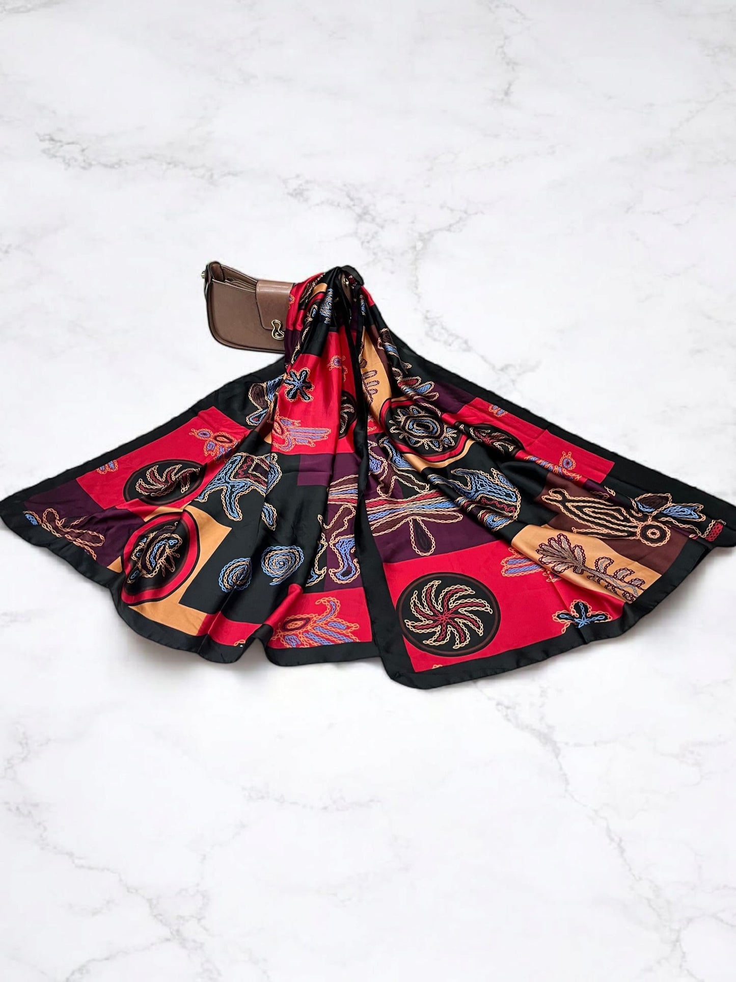 Large Satin Silk Scarf - Black Red Shapes