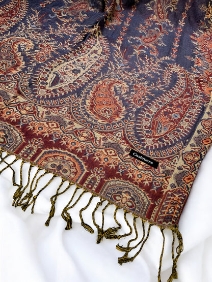 Indigo Blue Rust Persian Linear Paisley Two-Tone Pashmina Hijab