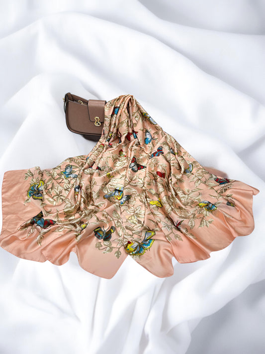 Large Satin Silk Scarf - Peachy Fawn Gardenia
