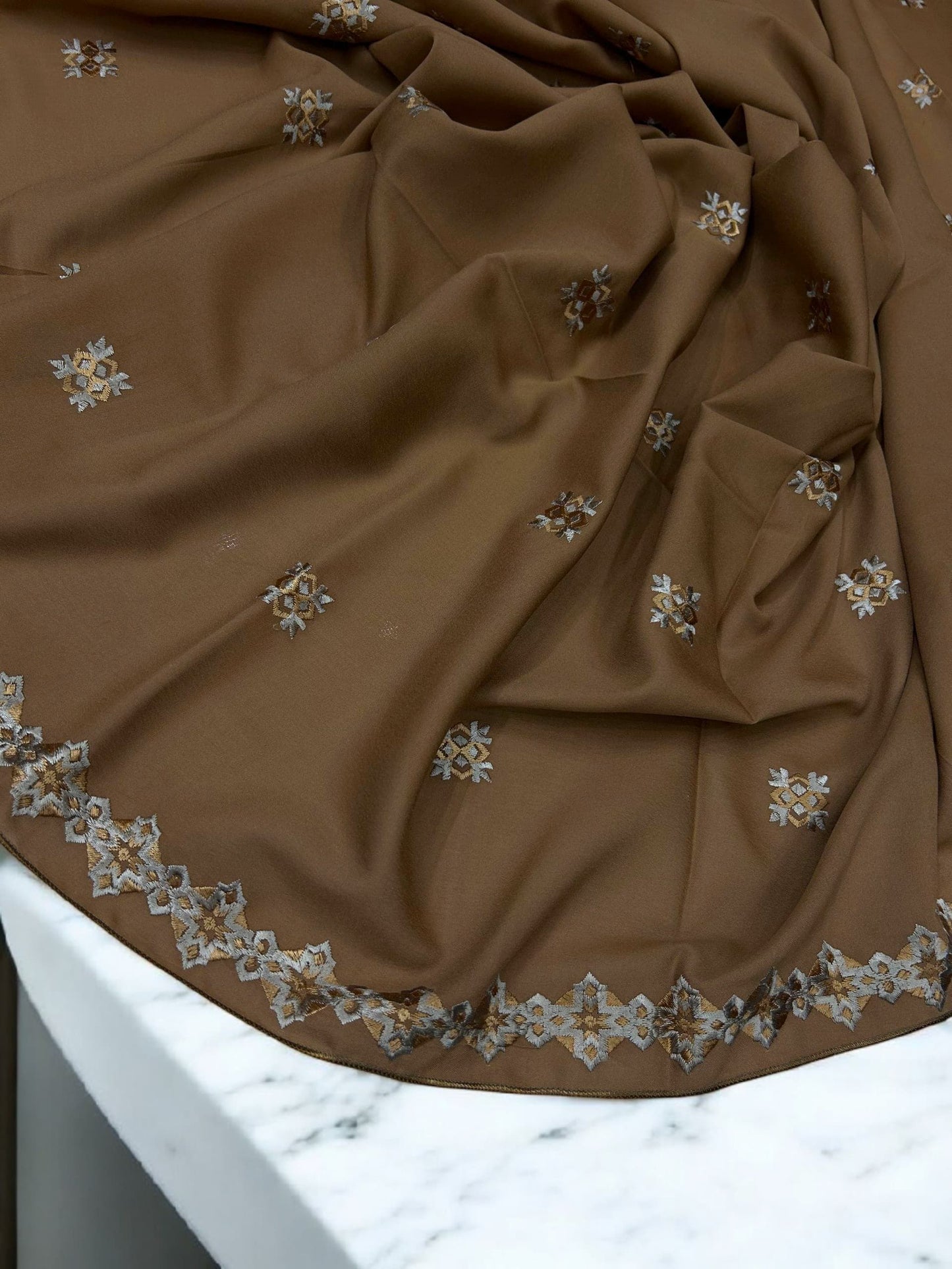 Caramel Brown Grey Floral Diamond Embroidered Shaal