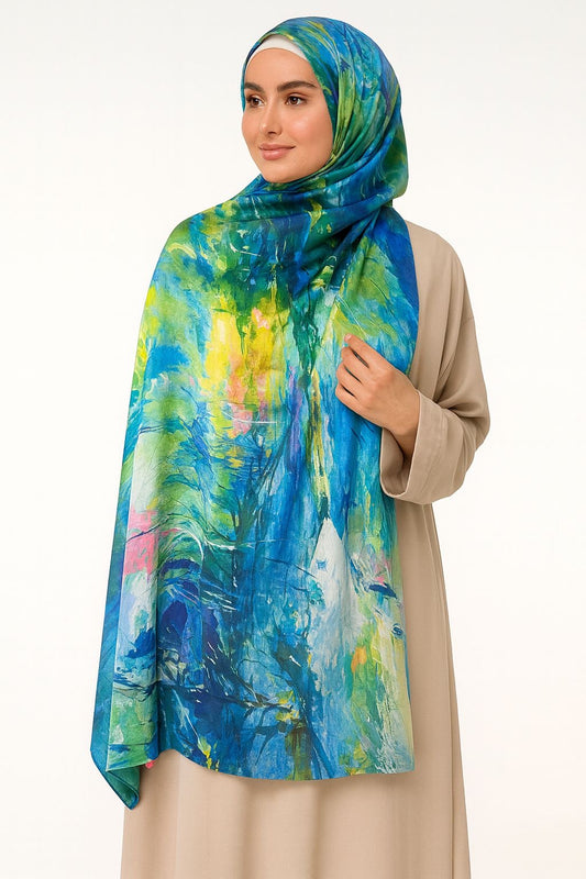 Large Satin Silk Scarf - Zinc Blue Painted Abstract
