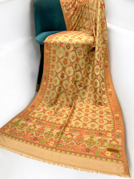 Beige Orange Crossed Floral Kani Pashmina Hijab