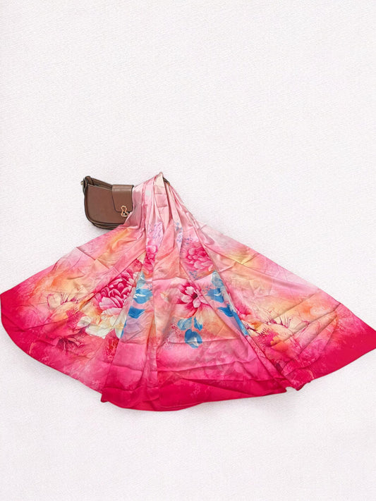 Large Satin Silk Scarf - Pink Blue Shaded Floral
