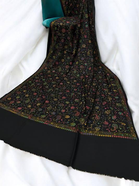 Black Yellow Multi - Hand Embroidered Paisley Kashmiri Shawl