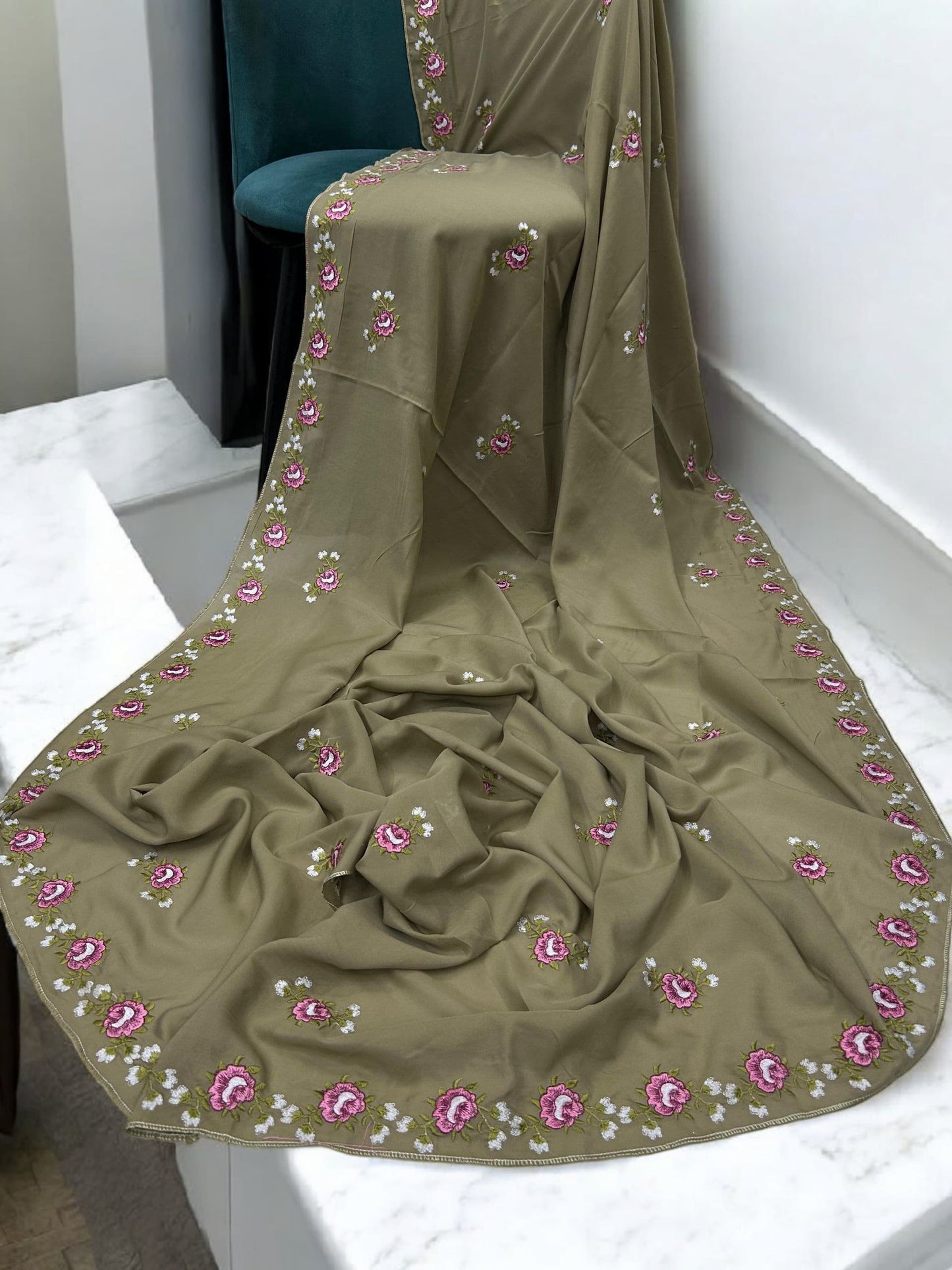 Gum Pink Floral Garden Embroidered Shaal