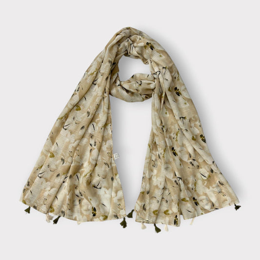 Light Beige Brown Floral Printed Modal Hijab