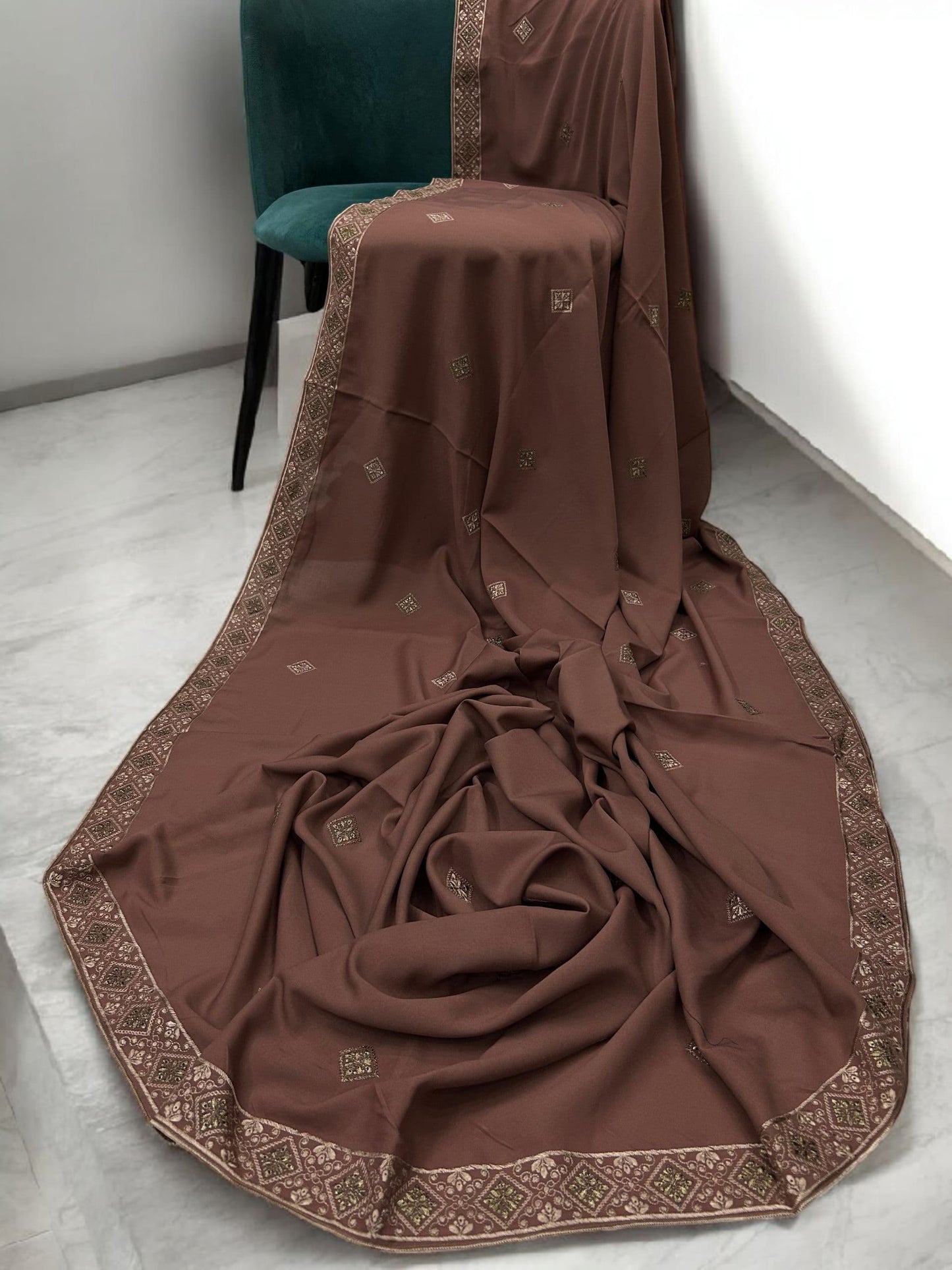 Saddle Brown Squares Threadwork Embroidered Border Shaal