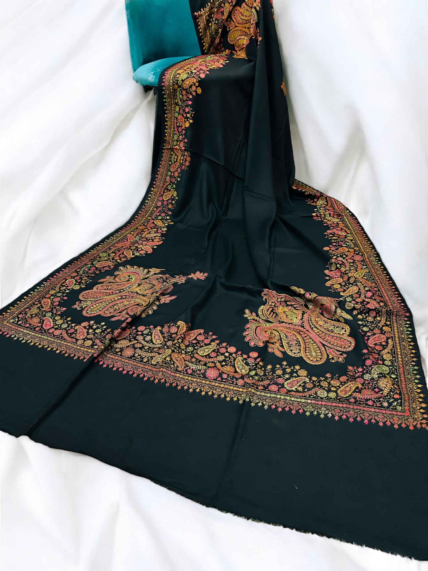 Black Pink Multi - Hand Embroidered Paisley Kashmiri Shawl