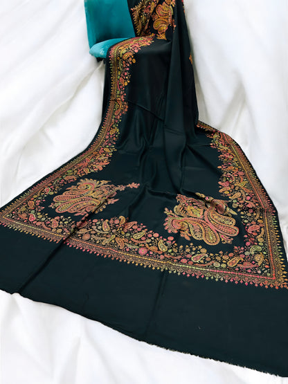 Black Pink Multi - Hand Embroidered Paisley Kashmiri Shawl