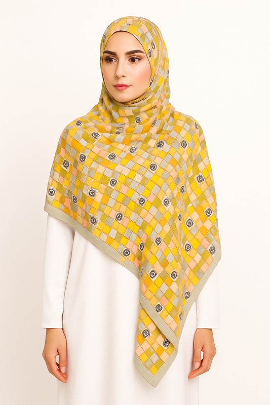 Large Satin Silk Scarf - Amber Silver Pattern