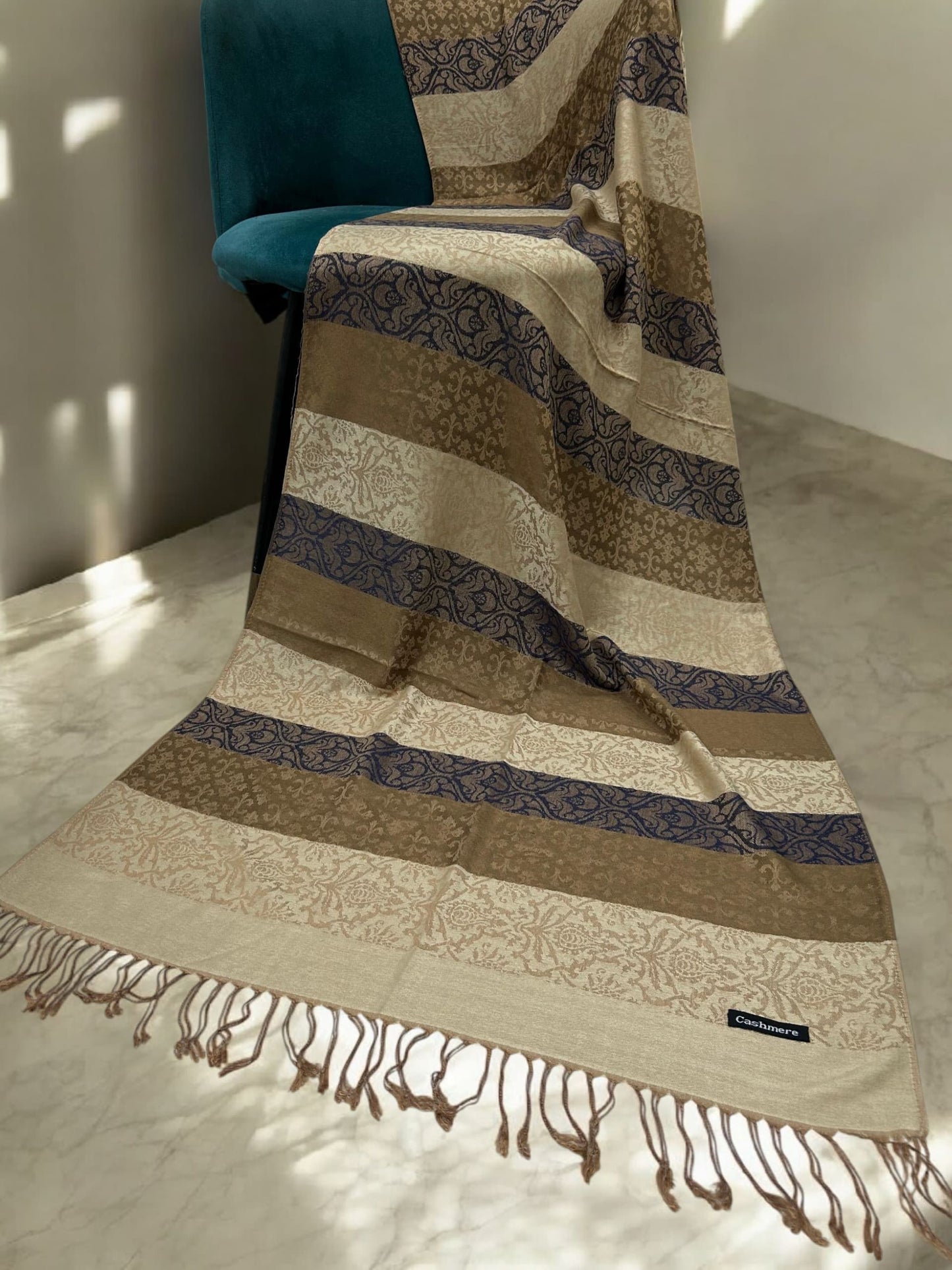 Beige Brown Blue Damask Pashmina Hijab