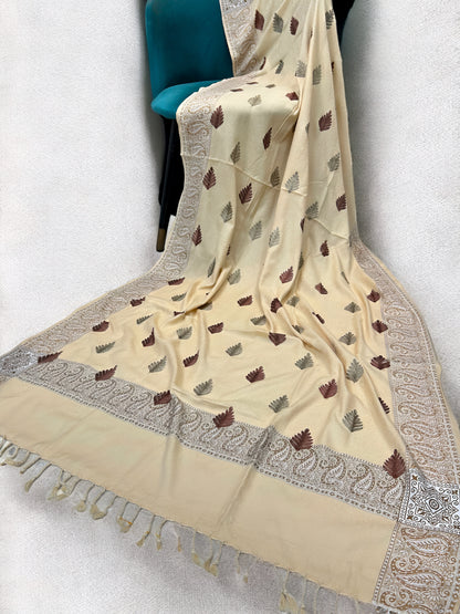Cream White - Leaflet Kashmiri Border Shawl