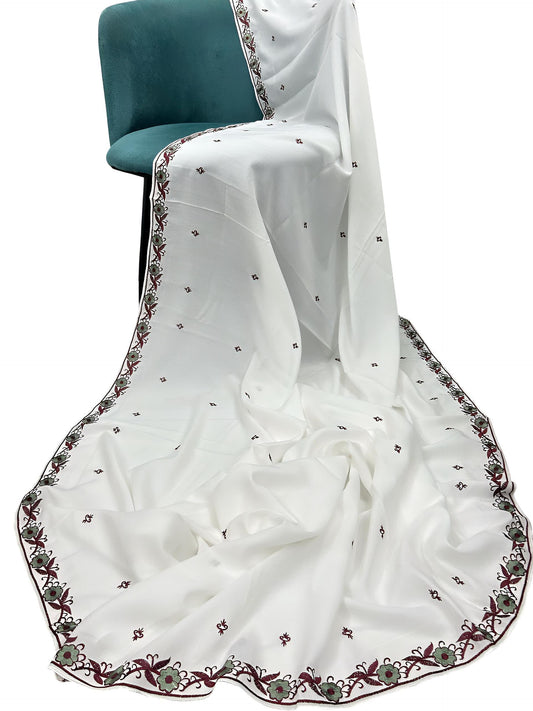 White Maroon Mint Floral Border Shaal